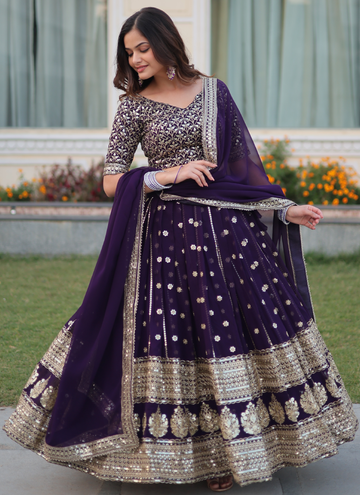 Designer Georgette Zari Embroidered Work Purple Lehenga Choli